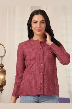 Cayman Women Self Design Cable Knit Henley Neck Woollen Cardigan Sweater