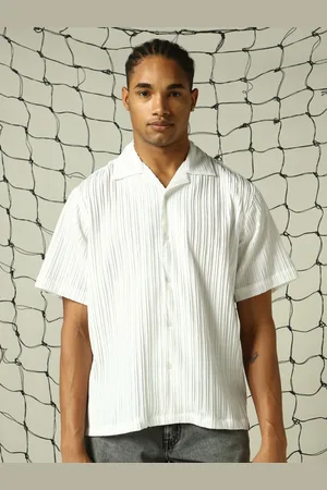 Hubberholme Men Classic Opaque Solid Cuban Collar Textured Fabric Oversized Casual Shirt