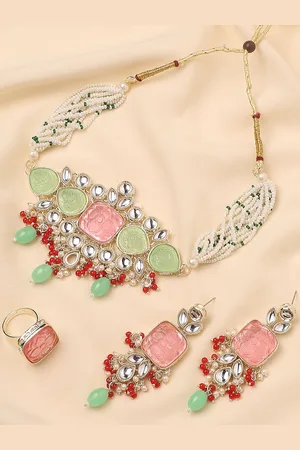 Anouk Kundan Studded & Beaded Engraved Necklace and Earrings With Finger Ring