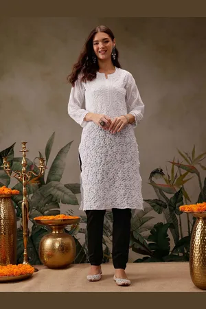 ADAM Co. Women Plus Size White Floral Embroidered Chikankari Handloom Kurta