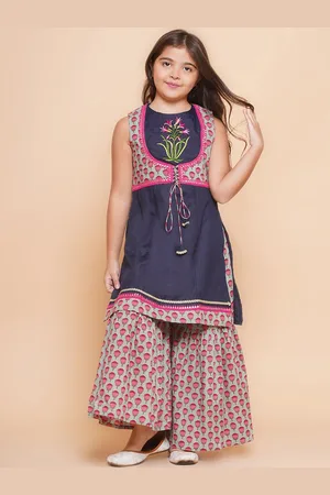 Bhama Girls Floral Printed Regular Sequinned Pure Cotton Kurta with Sharara