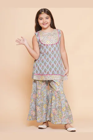 Bhama Girls Ethnic Motifs Printed Regular Gotta Patti Pure Cotton Kurta with Sharara