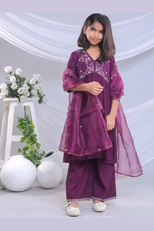 misbis Girls Floral Yoke Design Empire Thread Work Anarkali Kurta With Trousers & Dupatta