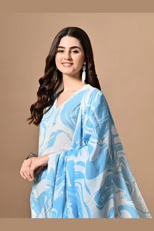 DORIYA Floral Printed V-Neck Thread Work Straight Kurta With Trousers & Dupatta