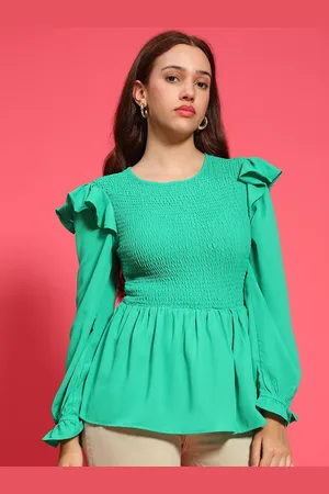 Oxolloxo Women Ruffles Smocked Long Sleeves Peplum Top