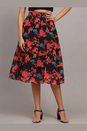CHARMGAL Floral Printed Georgette Knee-Length Flared Skirt