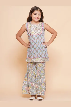 Bhama Girls Ethnic Motifs Printed Regular Gotta Patti Pure Cotton Kurta with Sharara