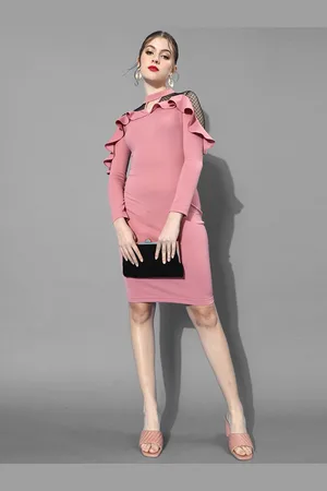 Chemistry Women Collared V-neck Full Sleeve Solid Ruffled Midi Dress
