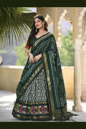 LOOKNBOOK ART Printed Ikat Ready to Wear Lehenga & Unstitched Blouse With Dupatta