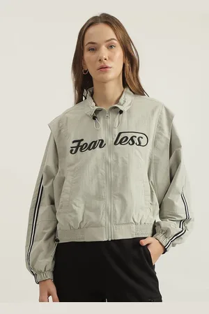 ICONIC Women Spread Collar Typography Printed Casual Bomber Jacket