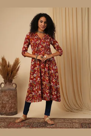 Globus Paisley Printed V Neck Cotton A Line Kurta