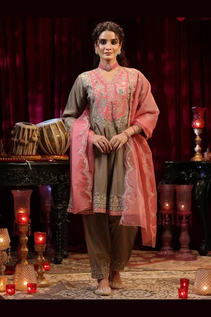 SCAKHI Floral Embroidered A-line Sequinned Dupion Silk Kurta with Salwar & Dupatta
