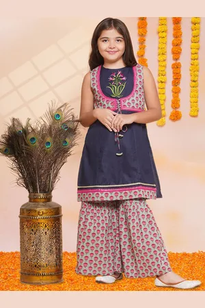 Bhama Girls Floral Printed Regular Sequinned Pure Cotton Kurta with Sharara