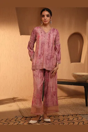 Bani Women Printed V-Neck Puff Sleeves Button Detail Tunic & Palazzo