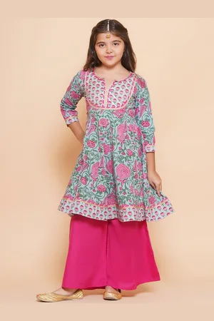 Bhama Girls Floral Printed Empire Gotta Patti Pure Cotton Kurta with Sharara