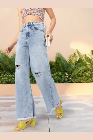 DressBerry Women Retro Flow Ripped Wide Leg Pure Cotton Jeans