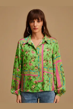 Kazo Floral Printed Spread Collar Puff Sleeve Casual Shirt
