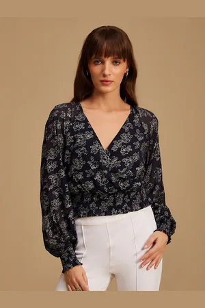 Kazo Blue & White Floral Printed Smocked Wrap Crop Top