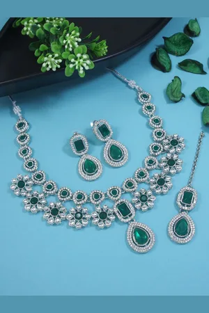 I Jewels Silver Plated Kundan Stone Studded Necklace & Earrings With Maang Tika