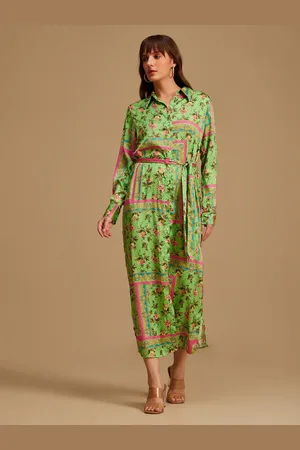 Kazo Floral Printed Satin Shirt Midi Dress With Belt