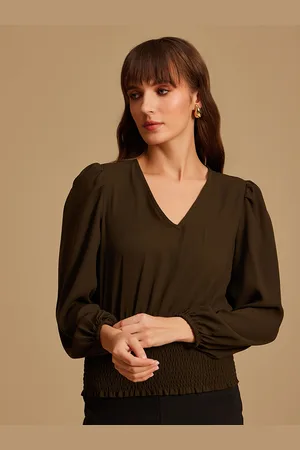 Kazo Women Olive Green Smocked Top