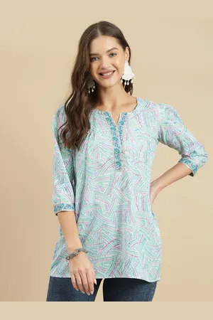Kalini Women Abstract Printed Mandarin Collar Cotton Top