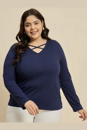 CURVY STREET Women Solid V-Neck Cotton T-shirt