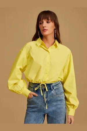Kazo Women Yellow Solid Casual Draw String Crop Shirt