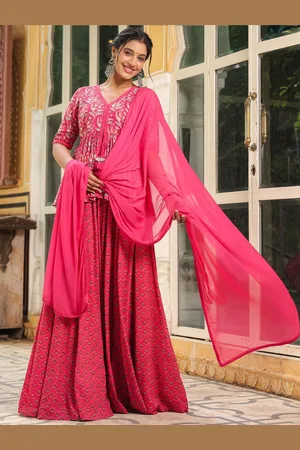 Janasya Printed V-Neck Pure Cotton Ready to Wear Lehenga & Blouse With Dupatta