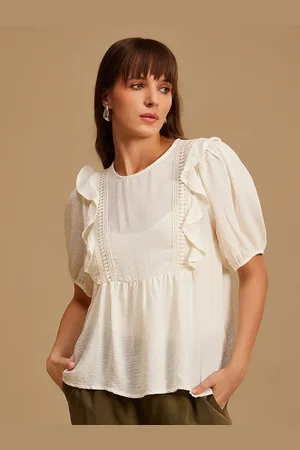 Kazo White Puff Sleeve Ruffles Top