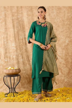 Indo Era Floral Yoke Design Straight Thread Work Liva Kurta with Palazzos & Dupatta