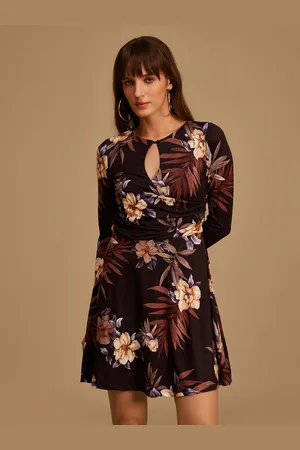 Kazo Women Brown Floral Keyhole Neck Dress