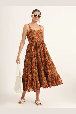 Divena World Women Floral Printed Shoulder Straps Cotton Fit & Flare Dress