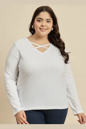 CURVY STREET Women Solid V-Neck Cotton Plus Size T-shirt