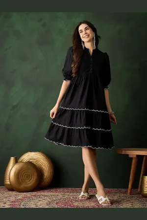 Sangria Women Mandarin Collar Cotton Fit & Flare Dresses