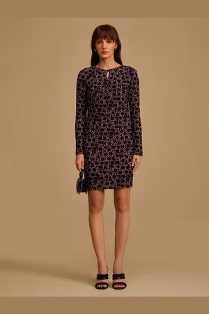 Kazo Mauve & Black Floral Keyhole Neck Sheath Dress