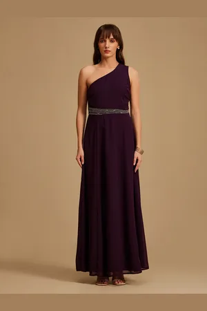 Kazo Women Purple One Shoulder Georgette A-Line Maxi Dress