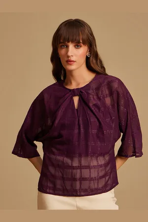Kazo Purple Women Checked Keyhole Neck Georgette Top