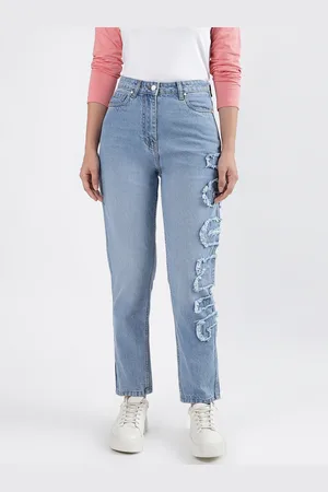 ICONIC Women Pure Cotton Mid-Rise Mildly Distressed Stretchable Mom Fit Jeans