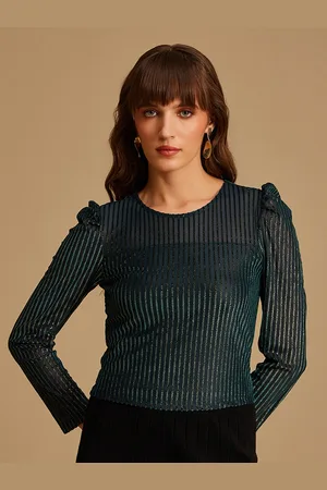 Kazo Green Striped Puff Sleeved Velvet Top