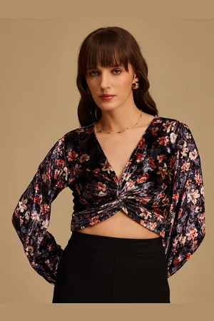 Kazo Black Floral Print Blouson Crop Top