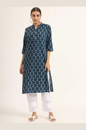 Divena World Floral Printed Mandarin Collar Pure Cotton Straight Kurta