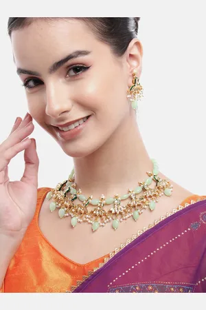 Anouk Gold-Plated Lotus Mint Drop Earrings Kundan Necklace Set