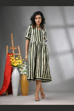 Charukriti Striped A-line Midi Ethnic Dresses