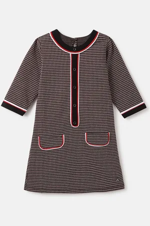Blue Giraffe Girls Checked Round Neck 3/4th Sleeves A-Line Dress