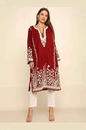 CRAFTBAZAR Floral Embroidered Thread Work Notch Neck A Line Kurta