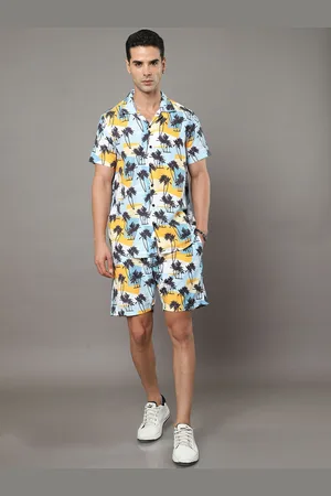 Bushirt Tropical Printed Lapel Collar Short Sleeves Shirt With Shorts