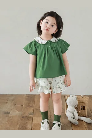 LULU & SKY Girls Green Short Flared Peter Pan Collar Top
