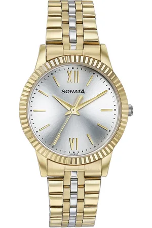 Sonata Women Brass Dial & Stainless Steel Straps Reset Time Analogue Watch 87062BM01W