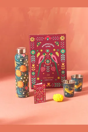 Chumbak Marigold Green & Yellow 3 Pieces Printed Stainless Steel Drinkware Gift Set